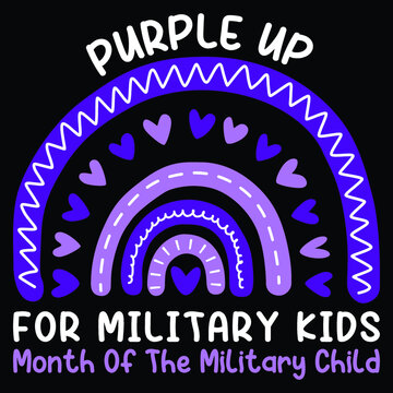 Purple Up For Military Kids Month Of The Military Child T Shirt Print Template, Purple Rainbow Illustration For Military Child, Cute Heart Vecctor