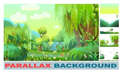 Fairy forest. Wild flowers and butterflies. Set for parallax effect. Mature willow trees. Morning sky. Dense thickets with flowers and butterflies. Beautiful summer landscape. Fun cartoon style. Cute