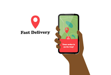 Hand with mobile phone for tracking an order. Fast delivery banner isolated on the white background. Fast delivery tracking mobile application concept with hand holding phone with tracking map.