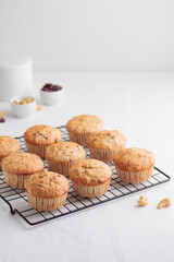 Vanilla fresh baked muffins on a white table with nuts and berries