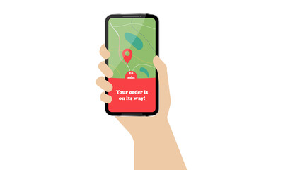Hand holding mobile, smart phone with delivery tracking. Hand holding phone with the map. Vector phone with delivery tracking map isolated on the white background for applications. Online order track.