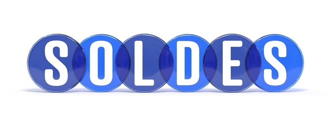 mot soldes écrit dans des pastilles bleues sur fond blanc - rendu 3D