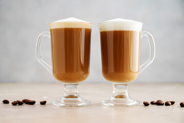 Coffee in glass ?ups with whipped milk foam on neutral background. Copy space for text.