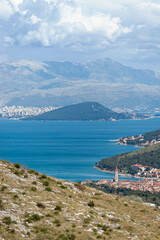 Fototapeta na wymiar Trogir, Croatia. Panorama of town on the adriatic coast on the background of Split