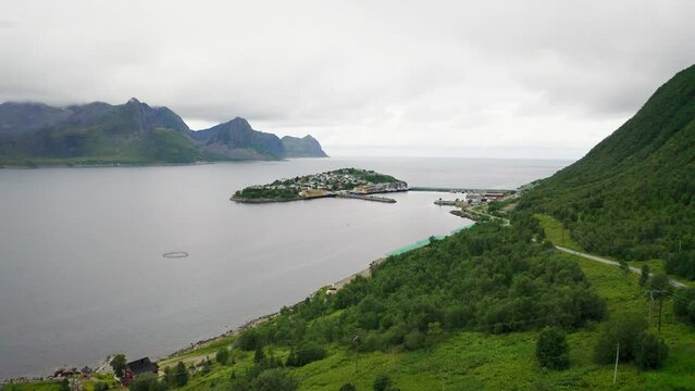 Flying towards the Husoy fishing village on the Senja Island, Norway