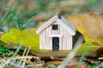 Obraz na płótnie Canvas Wooden toy house model on a leaf outdoors