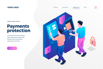 Payments protection isometric landing page template. Bank clients withdrawing cash at ATM machines. Safe e payment service. Secure financial transactions promotional website page design layout