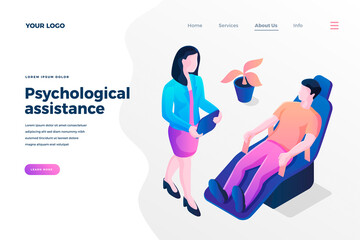 Psychological assistance isometric landing page template. Female psychologist consulting patient in office. Mental disorders correction, depression treatment medical center homepage design layout