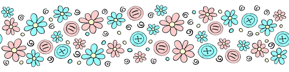 Vector wide edging, ribbon, border from pink blue small flowers and buttons. Colorful cute nature seamless pattern, ornament, decorative element in doodle flat style