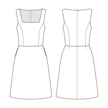 Fashion Technial Drawing Of Short Sleeveless Dress With Square Neckline