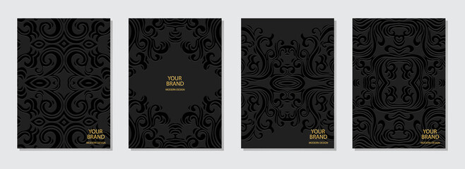 Cover design set, vertical templates. Collection of embossed artistic black backgrounds in hand drawn style. Geometric ethnic 3d pattern of East, Asia, India, Mexico, Aztecs, Peru.