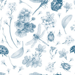dragonfly beetle ladybug insects and flowers geranium and forget-me-nots beautiful spring clipart hand drawn watercolor set separately on white background nature plants © Paint_art