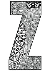 capital letter Z decorated with mandalas and geometric figures on a white background for coloring, vector, coloring pages