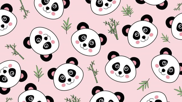 A cute panda bears and bamboo animated pattern design. Bear motional texture panda polar bear bamboo repeated wallpaper background cartoon face character Pastel pink color background Animals animation