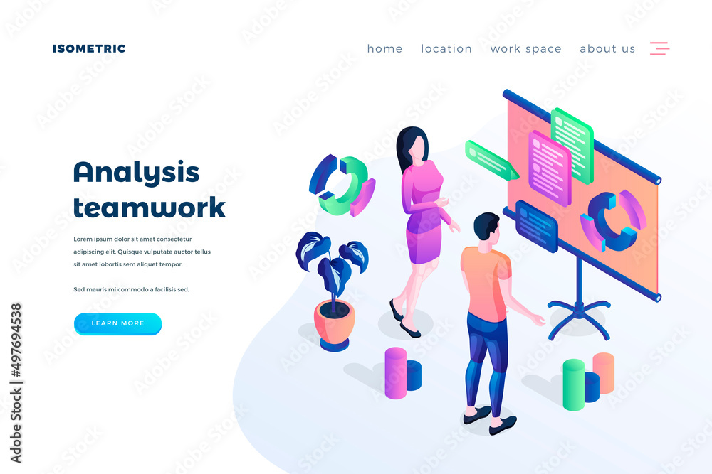 Wall mural teamwork analysis landing page vector template. business workflow management website homepage ui ide