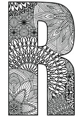 capital letter R decorated with mandalas and geometric figures on a white background for coloring, vector, coloring pages