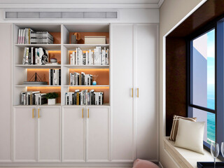 Fototapeta na wymiar 3D rendering. There are wardrobes, cupboards, mirrors and green plants in the study of the family house.