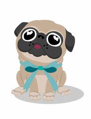 Greeting card, banner, icon. Birthday card. Pug with green bow. Happy Birthday.