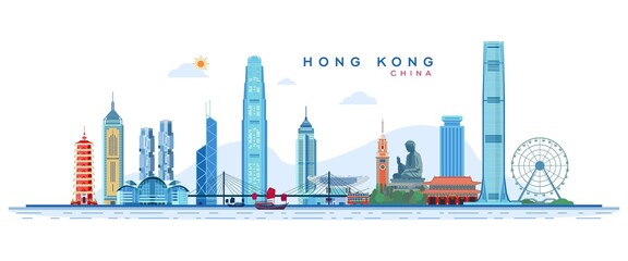 Hong Kong metropol city skyline travel landmarks vector illustration, China - obrazy, fototapety, plakaty