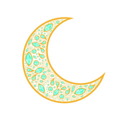 Vector Decorative Golden Moon with Blue Color Shining Diamond Stones. Ramadan Kareem and Happy Eid Design Element.  with Arabic Ornament Pattern Isolated on white background. 