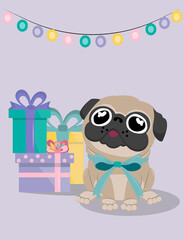 Greeting card, banner, icon. Birthday card. Pug on purple background with gift boxes and green bow. Happy Birthday. Holiday garland.
