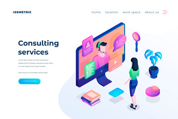 Consulting services landing page vector template. Call center website homepage interface idea with isometric illustrations. Customer support, telemarketing business web banner 3D cartoon concept - obrazy, fototapety, plakaty