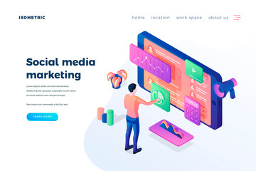 Social media marketing landing page vector template. Modern internet promotion service website homepage interface idea with isometric illustrations. SMM management web banner 3D cartoon concept