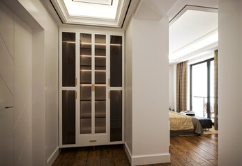 room with door, room with a window, bedroom wardrobe, 
white wardrobe, 3D render image