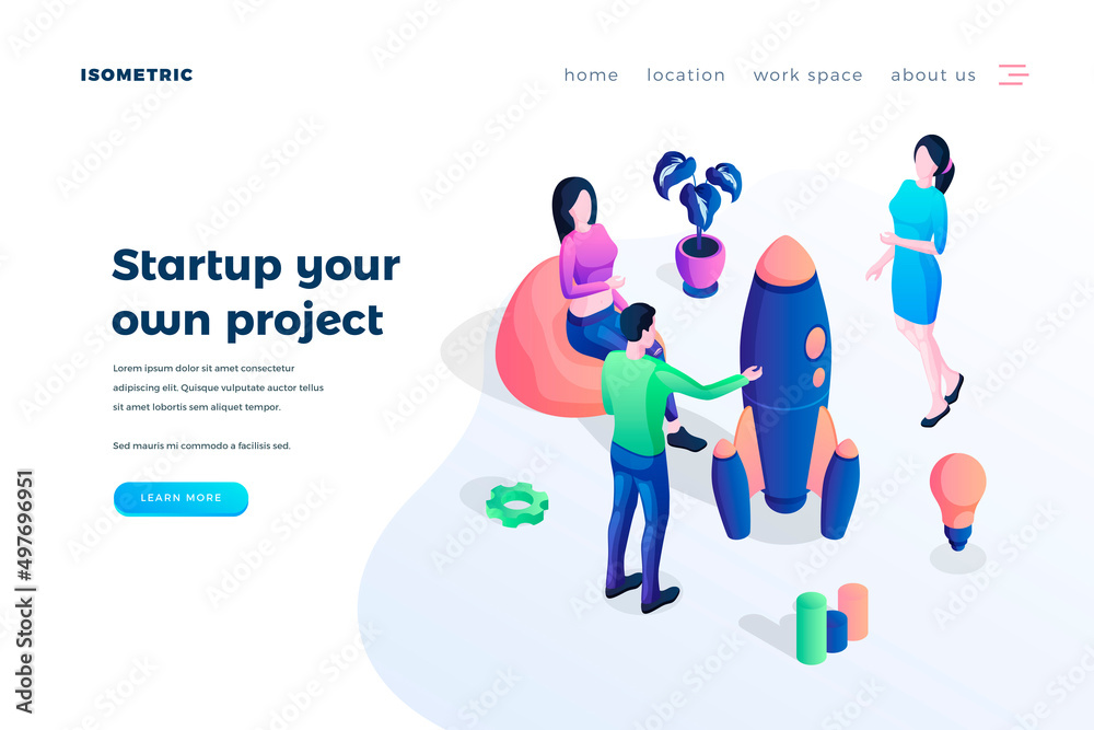 Wall mural startup project landing page vector template. creative entrepreneurship website homepage interface i
