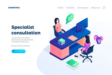 Specialist consultation landing page vector template. Professional consulting service website homepage UI idea with isometric illustrations. Lawyer, psychiatrist help web banner 3D cartoon concept