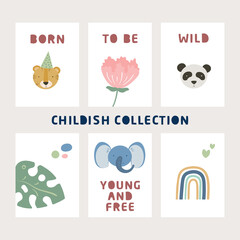 Cartoon cute animals baby card collection with text