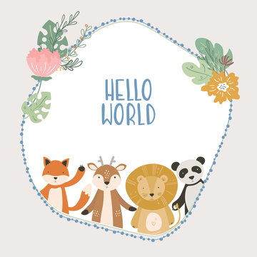 Cartoon cute animals baby card with text