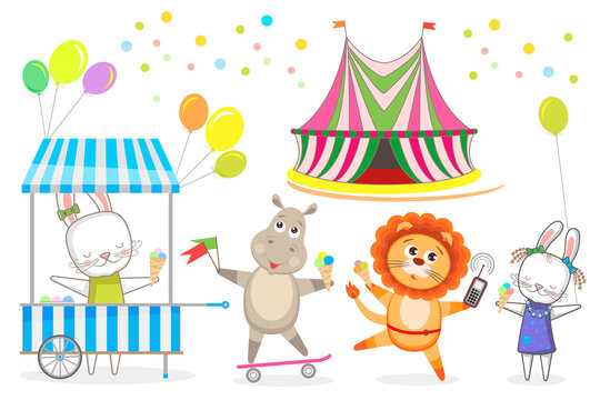 
Funny animals. Circus, vector image in cartoon style, hippo, bunny, lion.
 Design, background, characters.