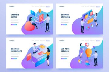 Obraz na płótnie Canvas Business innovations isometric landing page templates set. Creative centre, business planning and investment, website homepages. Company departments staff, workers cartoon characters