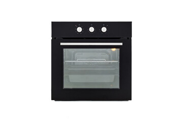 Obraz premium Black oven with closed door and three baking sheets, front view, isolate on white