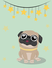 Greeting card, banner, icon. Birthday card. Pug on green background and stars. Happy Birthday. Holiday garland with stars.