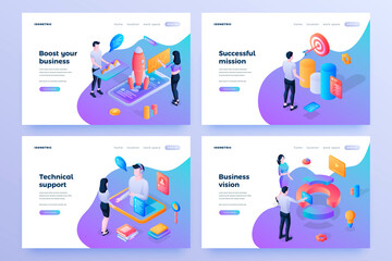 Business promotion services isometric landing page templates set. Successful mission. Technical support, business vision website homepage design. People working on projects cartoon characters © Виктория Суханова