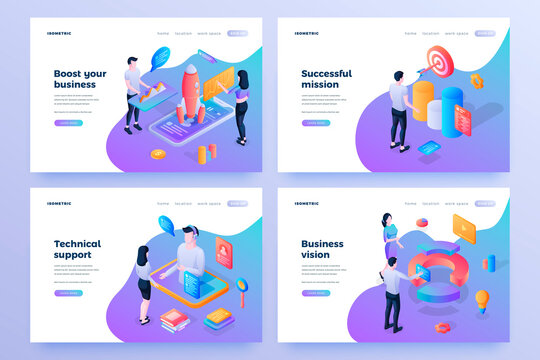 Business promotion services isometric landing page templates set. Successful mission. Technical support, business vision website homepage design. People working on projects cartoon characters