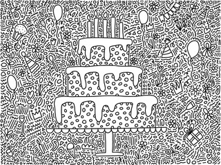 Happy birthday coloring page. Coloring page with doodle birthday cake and candles. Doodle background.