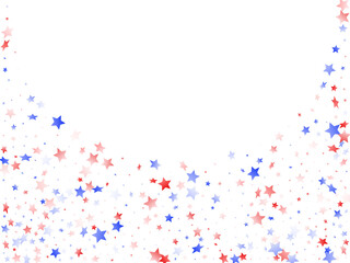 Flying red blue white star sparkles on white vector american patriotic background.