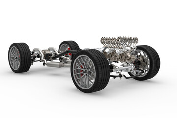 Car chassis with engine opened.  - obrazy, fototapety, plakaty