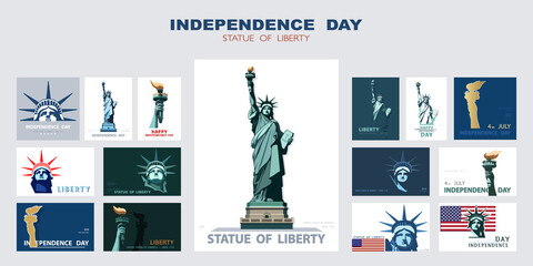 Independence day portrait Statue of Liberty, poster presentation. Set of blue flat design templates. USA flag Holiday. The national symbol of America New York, banner.Name of advertising text, vector