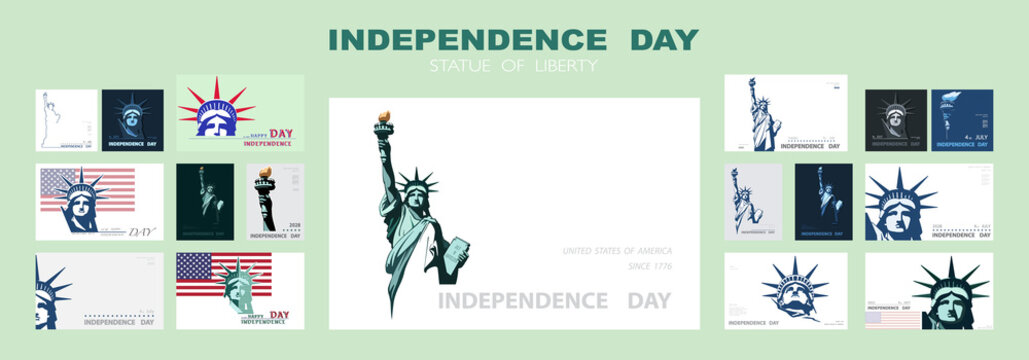 Independence day portrait Statue of Liberty, poster presentation. Set of blue flat design templates. USA flag Holiday. The national symbol of America New York, banner.Name of advertising text, vector

