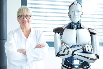 Scientist and humanoid robot work together