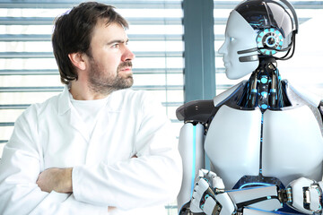 Scientist and humanoid robot work together