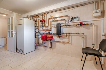 heating system in boiler room, gas and water supply system of house, measuring pressure and...