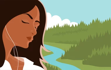 Selbstklebende Fototapeten Beautiful girl listens to music with headphones. Loose hair and closed eyes. Sound of nature. Calm relaxing forest landscape background. Vector illustration © Mikhail Ognev