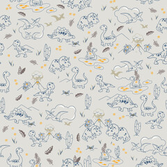 Vector cute brown blue and yellow dinosaurs seamless pattern on dark beige background. Perfect for fabric, scrapbooking, wallpaper projects