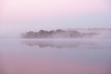 predawn mist on the lake in pink and blue watercolor colors