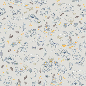 Vector cute brown blue and yellow dinosaurs seamless pattern on dark beige background. Perfect for fabric, scrapbooking, wallpaper projects